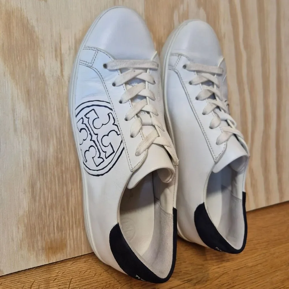 Tory Burch Women's T Logo Leather Sneakers White Navy Size 7M Low Top